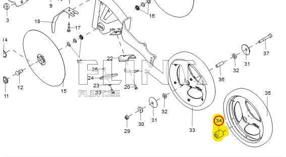 The image displays a parts diagram featuring wheels and various fastening components. Part 34 is highlighted in a yellow circle and is located within the wheel assembly.