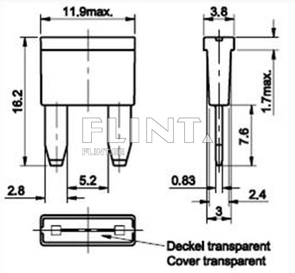 The product diagram depicts a rectangular object with a flat top and two straight, equally elongated legs at the bottom. The top measures 11.9 mm wide and 16.2 mm high. The legs extend 5.2 mm from the bottom. A transparent cover is also indicated.