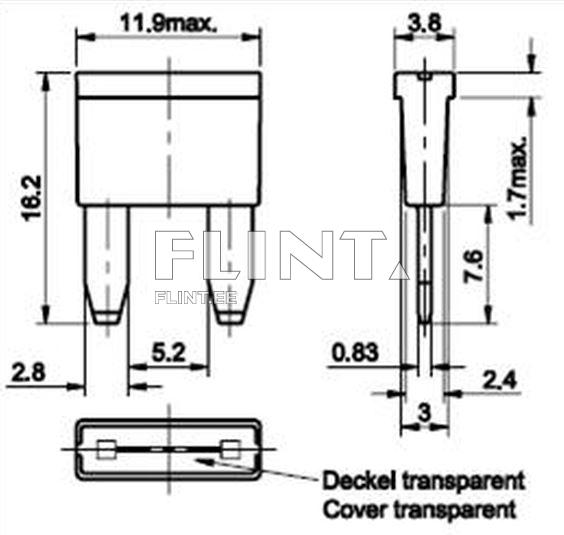 The product is a rectangular shape with a length of 16.2 mm and a width of 11.9 mm. At the bottom, there are two connection terminals spaced 5.2 mm apart. The corners are slightly rounded.