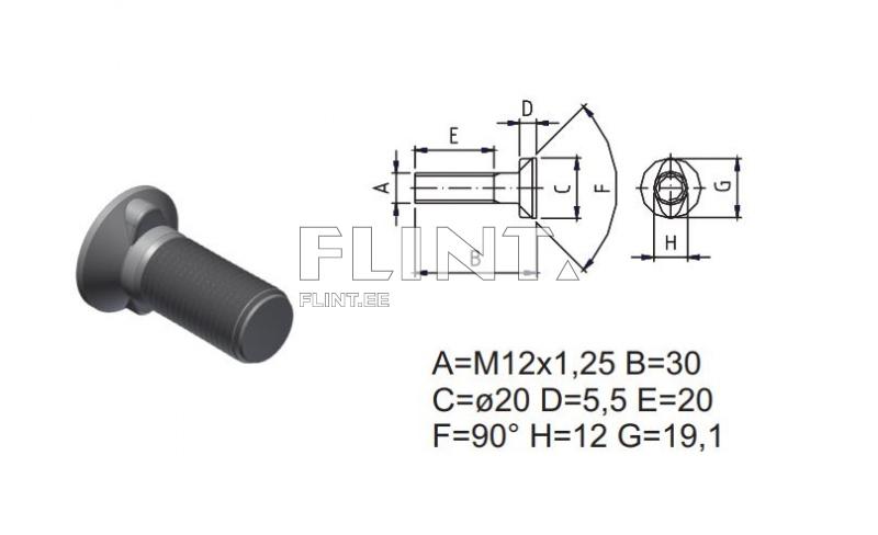 Plough bolt M12x30x1,25 10,9 (w/2 noses, head 20mm)
