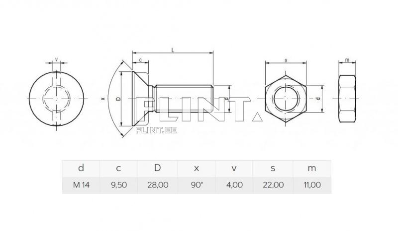 Plough bolt+nut M14x35 12,9 (w/2 noses 28mm)