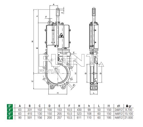 The product is a valve illustrated with detailed dimensions. Key measurements such as A, B, C, and D are clearly indicated. The drawing also shows various opening and mounting point measures, along with a side view of the component.