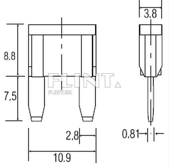The product is a two-legged component with a height of 8.8mm and a width of 10.9mm. The legs are 2.8mm wide and 7.5mm long, while the upper height section is 3.8mm.