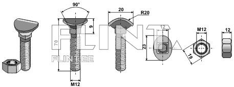 The image shows an L-shaped bolt featuring a conical head and a threaded shaft. The bolt's dimensions are 70 mm in length and 12 mm in thickness. There is also a nut included that matches the same threading.