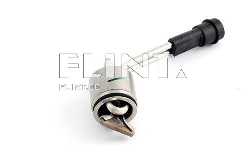 The product is made of metal and features a rotating mechanism with a plastic handle. The threaded end is angled and has an inlet tube. The surface of the product is polished.