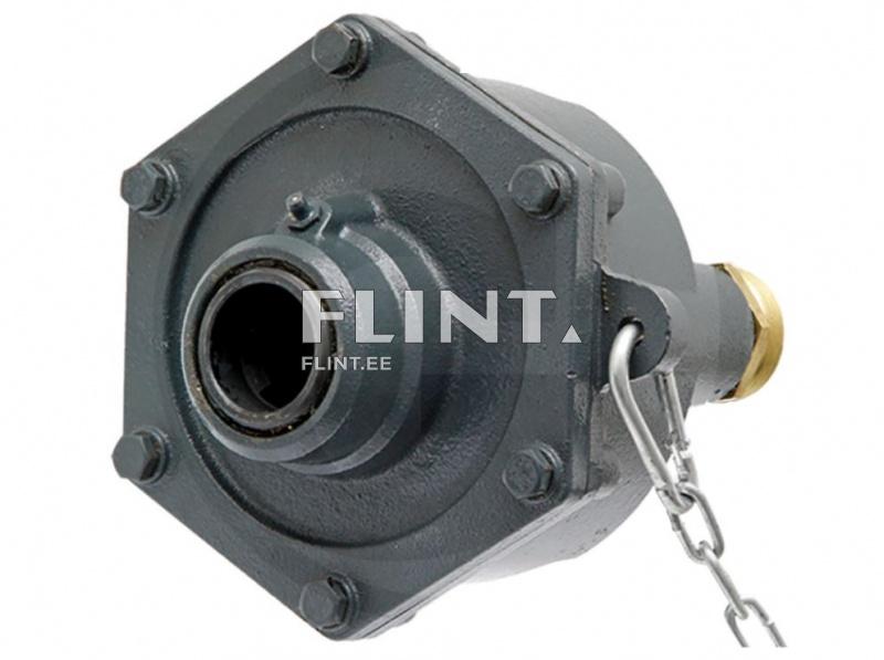 An industrial rectangular connection valve with a metal distribution system and a plastic-covered inlet, accompanied by a chain.