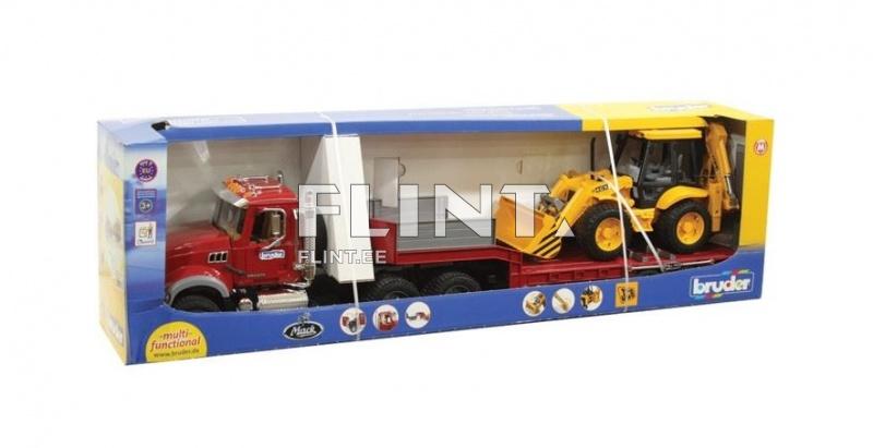 Lavettiauto MACK Granite (93,5x18,5x26,5cm) + kaivuri JCB 4CX (52x16x18,5cm) Bruder
