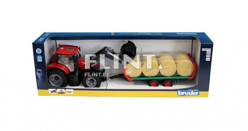 Traktori Case Optum 300 CVX (44,5x18x20,5cm) etukuormaajalla ja paalikärryllä (44x15,5x15,5cm) Bruder
