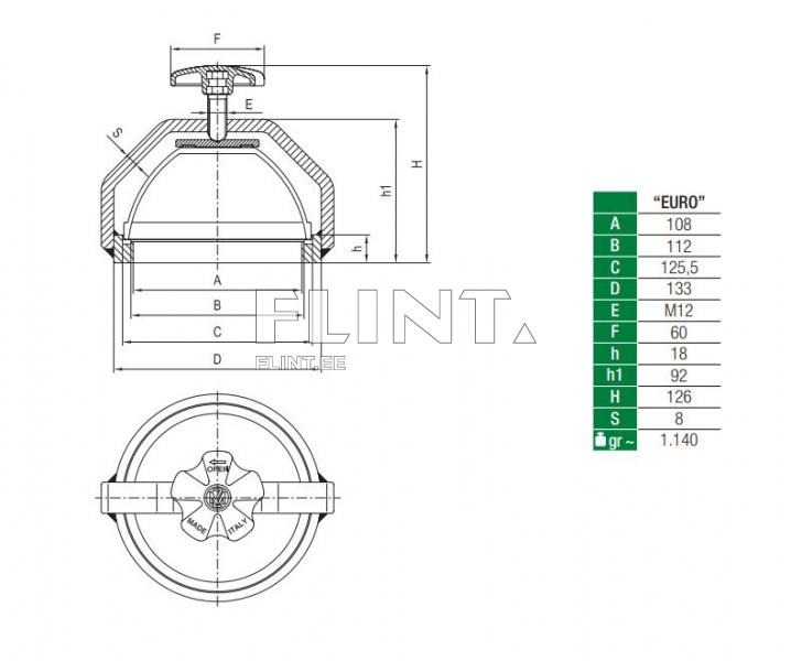The product is a water pipe shut-off valve with an octagonal shape and a height of 126 mm. At the top, there is a screw designed for adjusting the flow of water. The product features clear measurement instructions and manufacturer information.