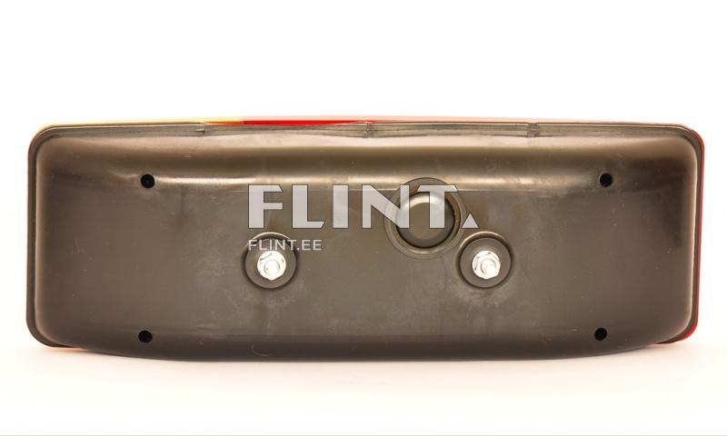 View of the back side of a black plastic light, featuring two metal mounting screws and a round button in the center.
